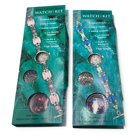 Glass Bead Watch Kit Set of Two Pink & Blue Includes Quartz Timepiece & Beads - Picture 1 of 6